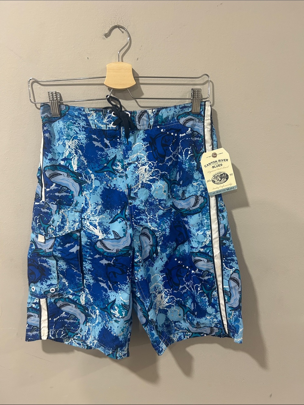 Sears Vintage Blue Multi Shark-Print Kids Swim Shorts